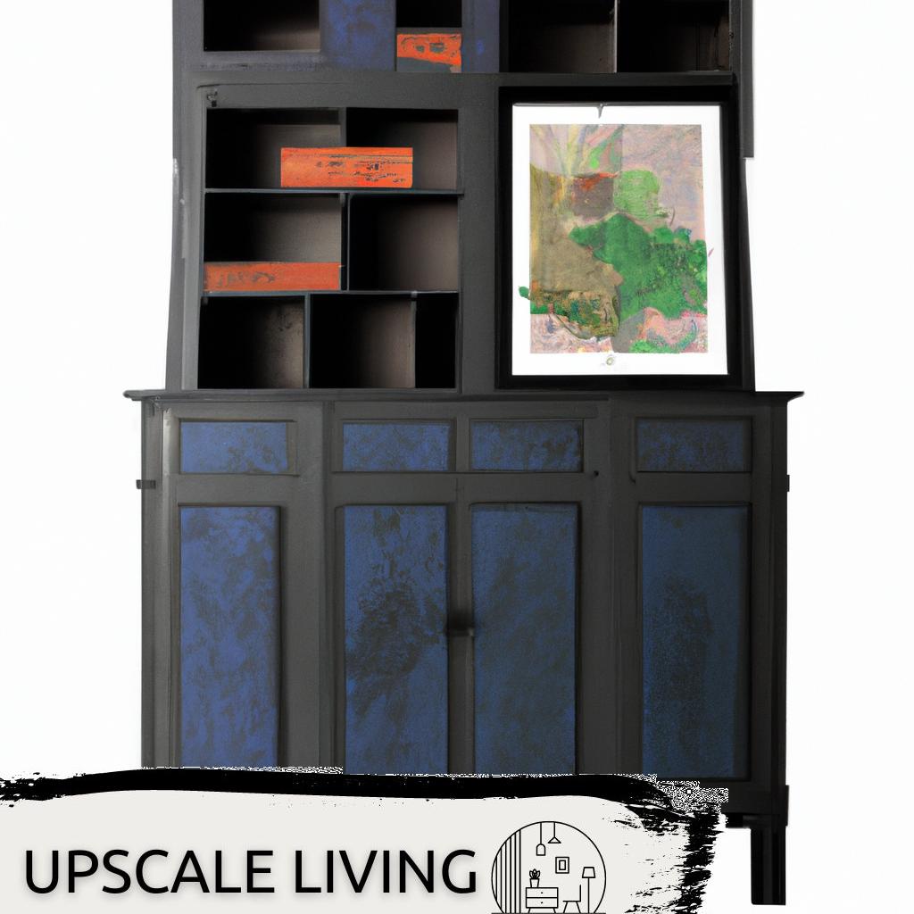 „Stilvoller Wohnzimmer-Dekoschrank aus Holz mit modernen Akzenten, gefüllt mit dekorativen Elementen und Büchern, perfekt für jedes Wohnambiente.“