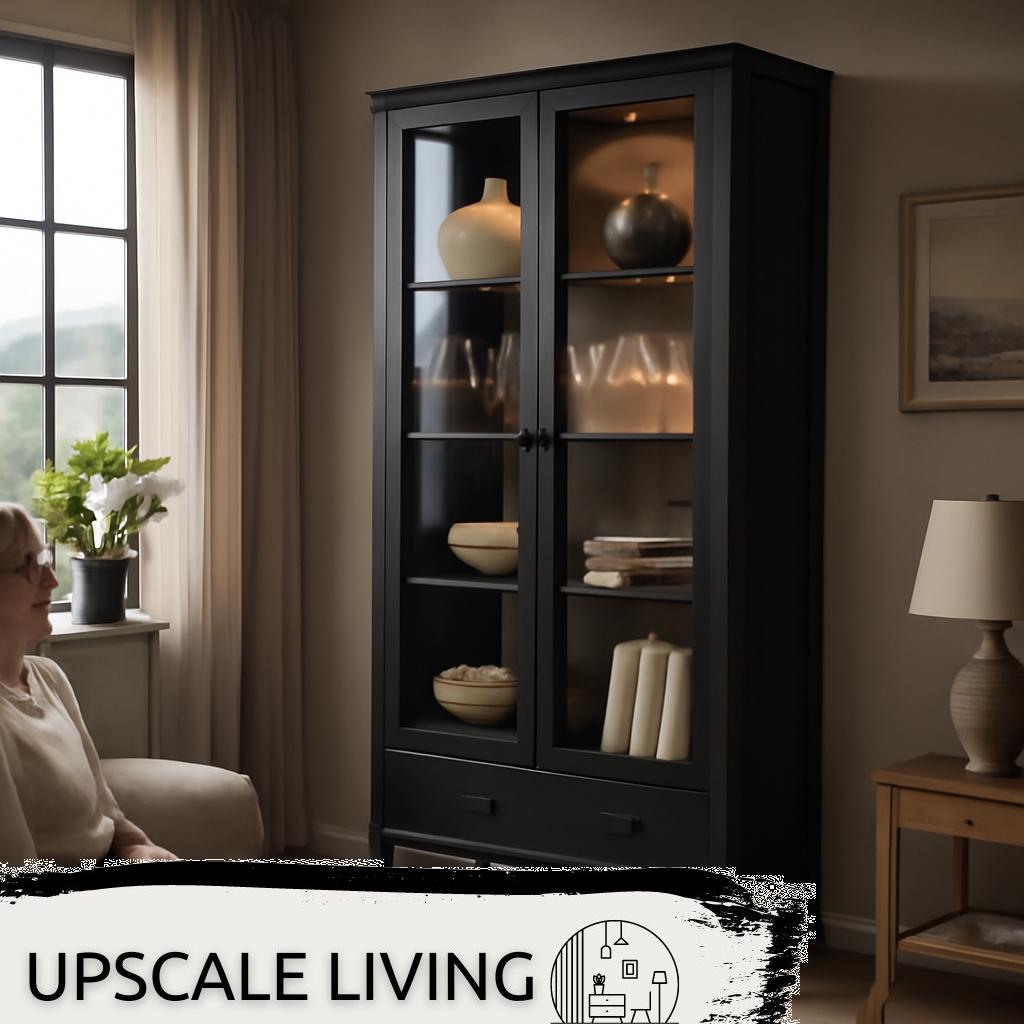 ALT Text: Moderne Wohnzimmer-Dekovitrinen aus Holz mit Glasfront, dekorativ beleuchtet und stilvoll eingerichtetes Wohnambiente.