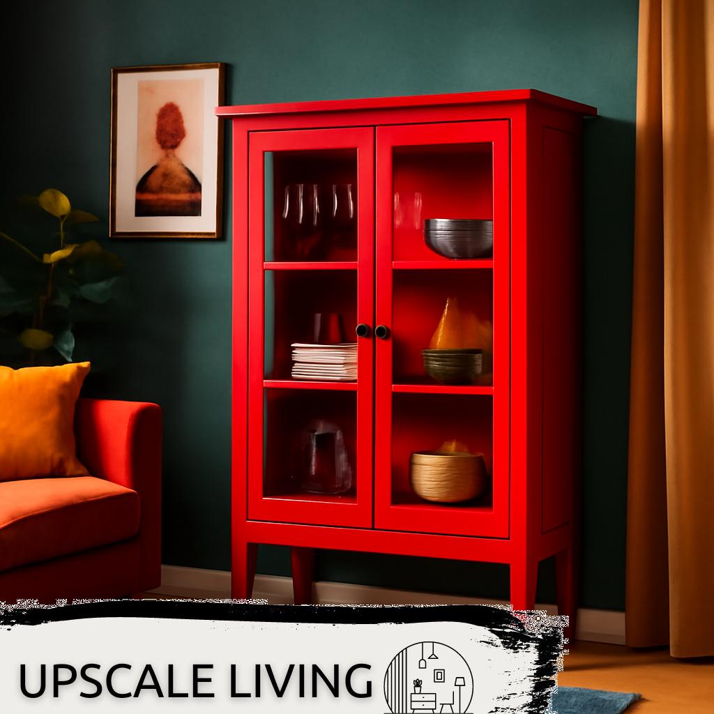 ALT-Text: Stilvolle Wohnzimmer-Dekovitrinen aus hellem Holz mit Glastüren, gefüllt mit dekorativen Accessoires, perfekt für moderne Wohnräume.