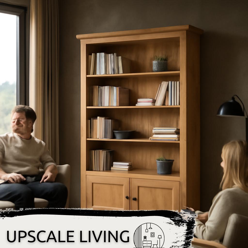 ALT-Text: Modernes Wohnzimmer mit stilvollen Wohnzimmer-Holzregalen aus hellem Holz, dekoriert mit Büchern und Pflanzen.