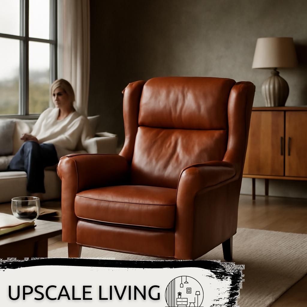 ALT Text: Moderner Wohnzimmer-Ledersessel in warmem Braunton, elegant gestaltet und gemütlich eingerichtet.