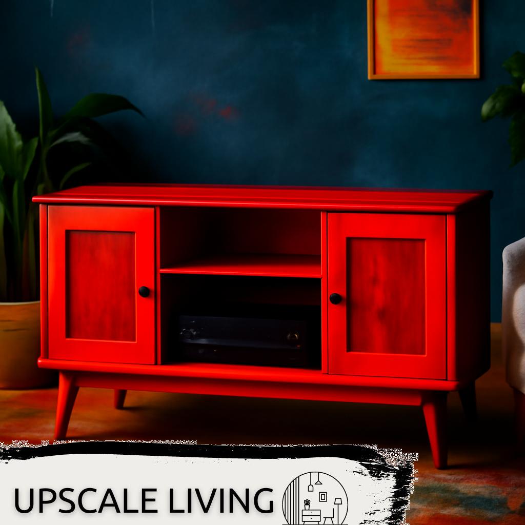 ALT Text: Moderner Wohnzimmer-Multimedia-Schrank aus Holz mit integriertem TV-Board und offenen Regalen für Mediengeräte und Dekoration.