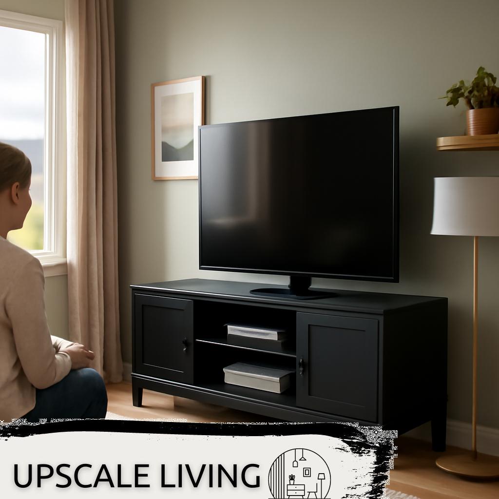 ALT-Text: Modernes Wohnzimmer-TV-Rack aus Holz mit offenem Regal und integriertem Stauraum, ideal für stilvolle Wohnzimmermöbel.