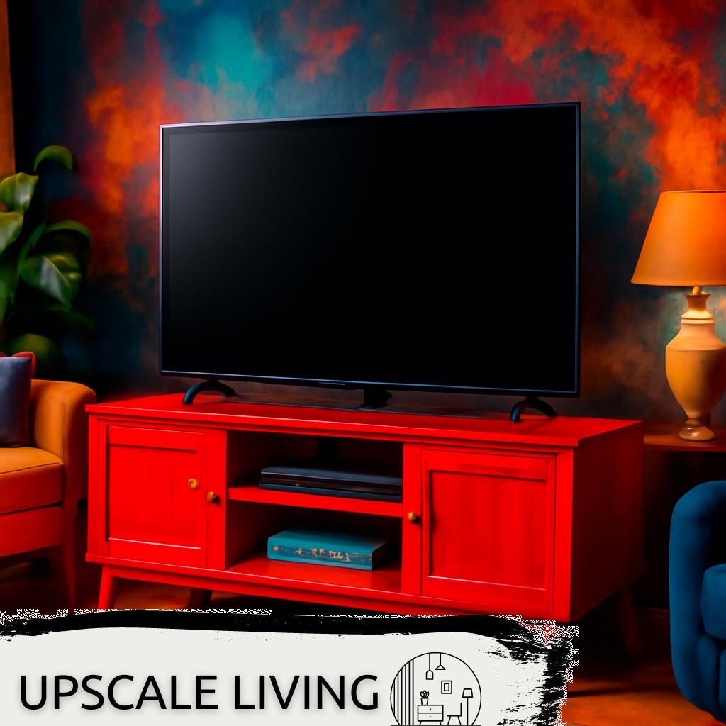 ALT Text: Moderner Wohnzimmer-TV-Rack aus Holz mit TV, Dekoration und Stauraum in hellem Wohnzimmer