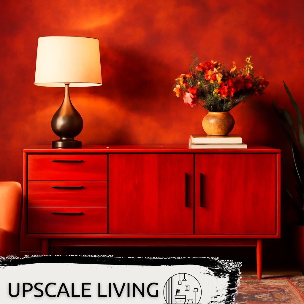 ALT Text: Moderne Wohnzimmer-Anrichte aus Holz mit offenen Fächern und Schubladen, stilvoll eingerichtet im gemütlichen Wohnraum.