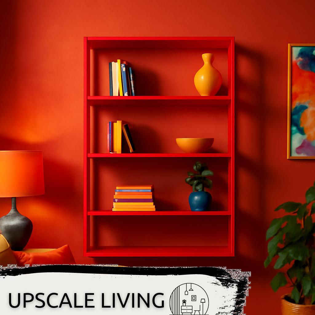 ALT Text: Modernes Wohnzimmer-Wandregal aus hellem Holz, stilvoll dekoriert mit Büchern und Deko-Elementen, ideal zur platzsparenden Möblierung.