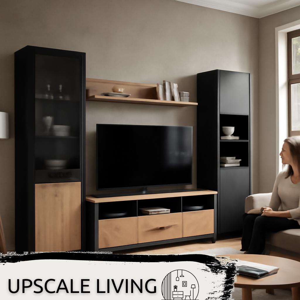 Alt-Text: Moderne Wohnzimmer-Wohnwand aus Holz mit integriertem TV-Fach und Stauraumschränken in hellem Design