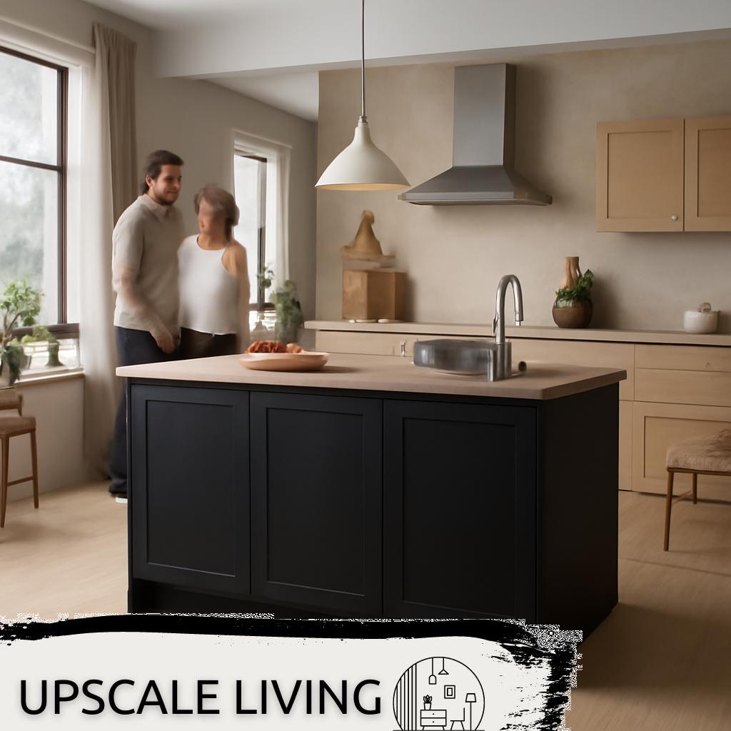 ALT Text: Moderne Kücheninsel aus Holz mit integriertem Kochfeld und Arbeitsfläche in heller Küche