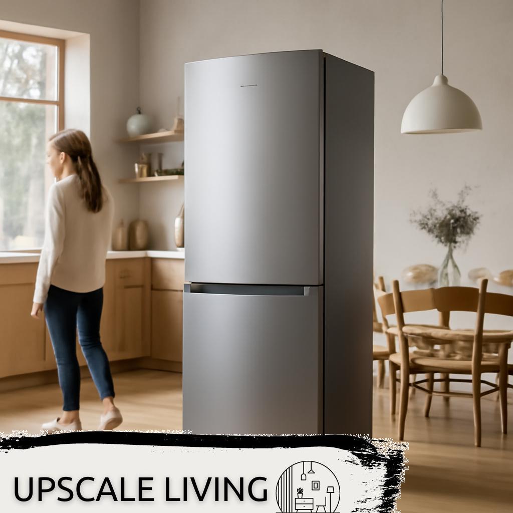 ALT-Text: Moderne Kühl-Gefrierkombination aus Edelstahl im Küchenmöbel integriert