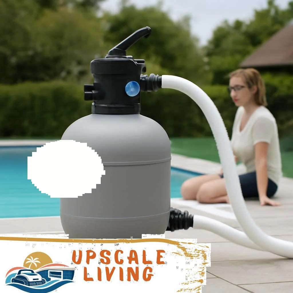 Poolfilter mit Rohranschlüssen neben Pool