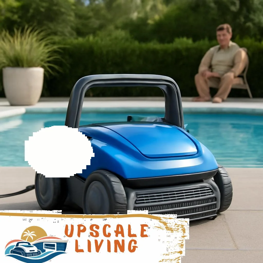 Poolroboter reinigt Boden und Wände eines blauen Gartenpools